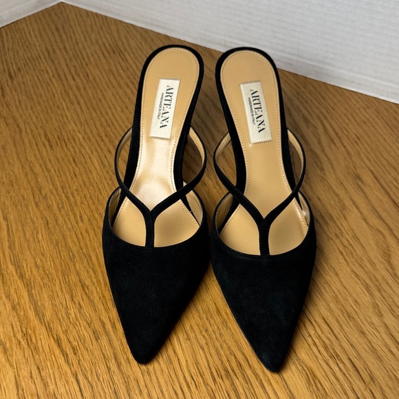 ARTEANA NWOB Black Suede T Strap Pointed Toe High Heel Mules Women's Designer 39 - Picture 2 of 13